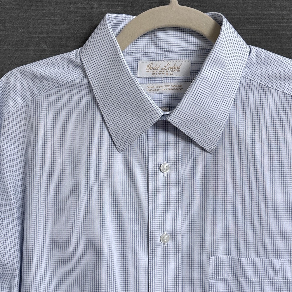 Roundtree Yorke Shirt 16/35 Fitted Non Iron EZ Wash Cotton Pinpoint Blue Plaid